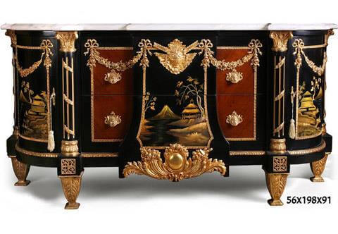 A French Louis XVI style ormolu-mounted japanese lacquer and ebony D shaped Sideboard/Bahut, on the manner of Jean-Henri Riesener model, Circa 1890